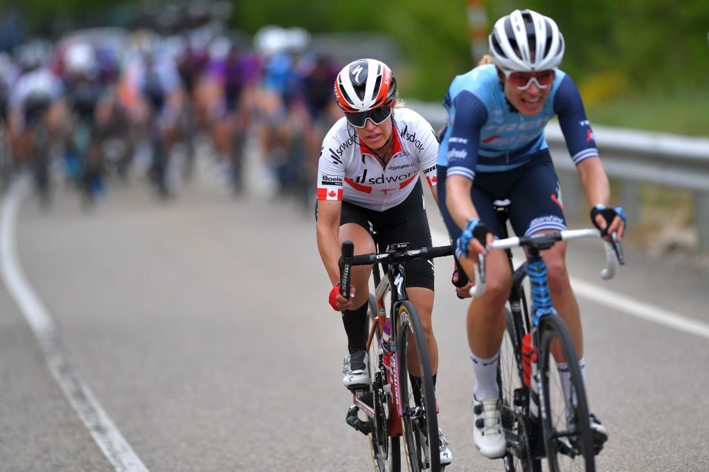 OJO GUAREA SPAIN MAY 22 KarolAnn Canuel of Canada and Team SD Worx Tayler Wiles of United States and Team Trek Segafredo during the 6th Vuelta A Burgos Feminas 2021 Stage 3 a 1154km stage from Medina de Pomar to Complejo Krstico de Ojo Guarea 768m VueltaBurgos BurgosFem UCIWWT on May 22 2021 in Ojo Guarea Spain Photo by Luc ClaessenGetty Images