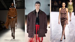 Three models showcasing brown the colour trend on the catwalk