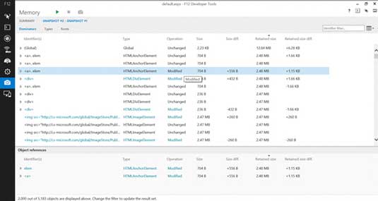 The IE11 Memory tool identifies which memory was allocated, de-allocated, or modified between snapshots, supporting faster memory tuning and diagnosis