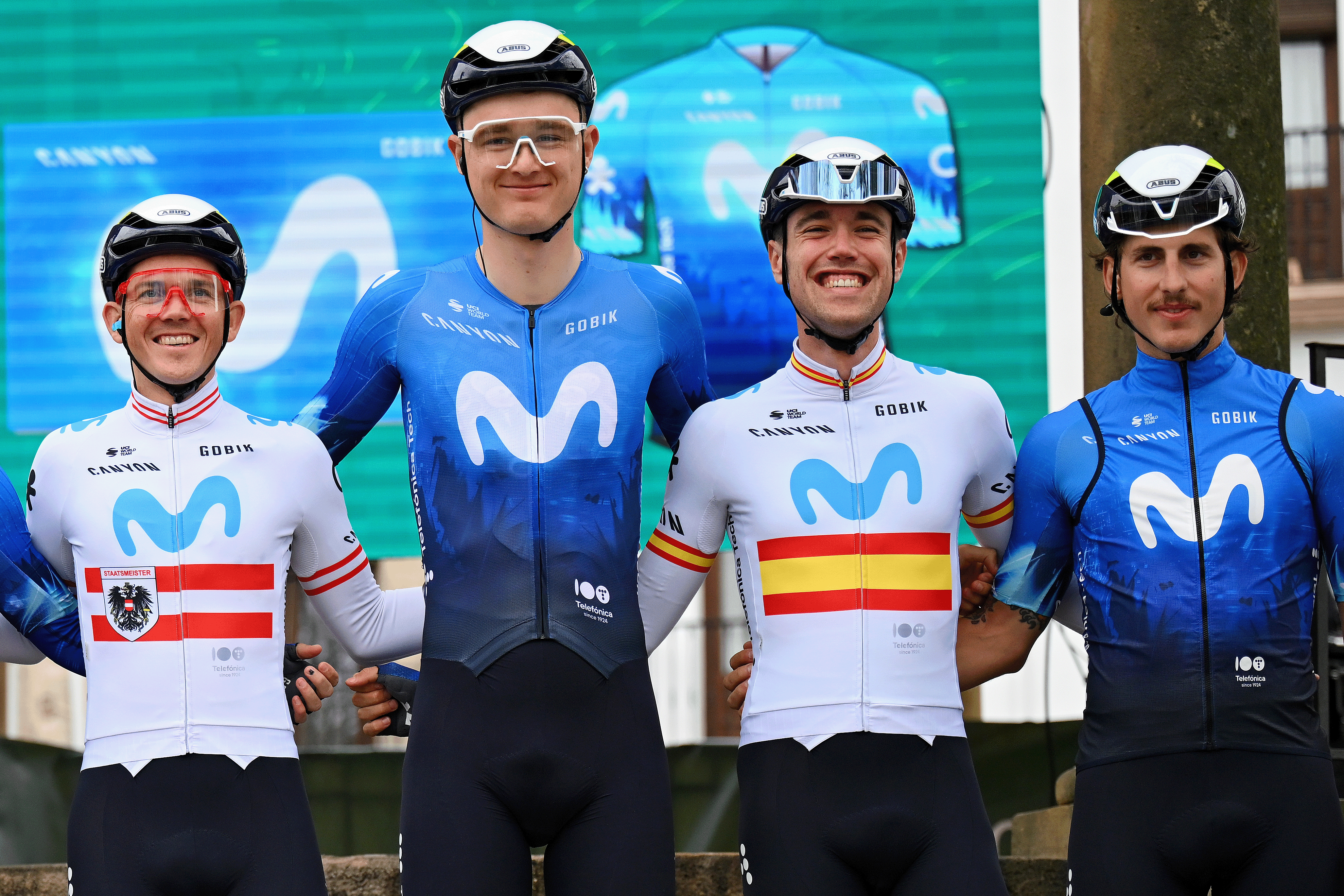 BAEZA, SPAIN - FEBRUARY 12: A general view of Ivan Garcia Cortina of Spain, Gonzalo Serrano Rodriguez of Spain, Oier Lazkano Lopez of Spain, Mathias Jorgensen Norsgaard of Denmark, Ivan Romeo Abad of Spain, Gregor Muhlberger of Austria, Carlos Canal Blanco of Spain and Movistar Team prior to the 3rd Clasica Jaen Paraiso Interior 2024 a 158.3km one day race from Baeza to Ubeda on February 12, 2024 in Baeza, Spain. (Photo by Tim de Waele/Getty Images)