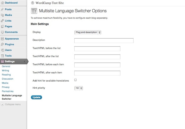The Multisite Language Switcher plugin allows you to configure the switcher on a per-site basis