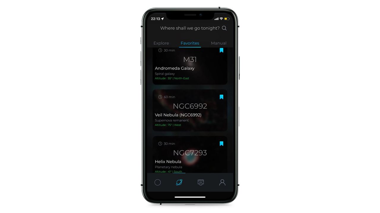 Screenshot from the Vaonis Singularity App. This screenshot shows a list of favorite observing locations.