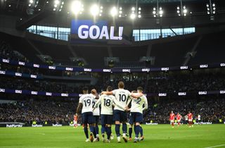 Lucas Moura of Tottenham Hotspur celebrates with teammates after scoring their side's second goal during the Emirates FA Cup Third Round match between Tottenham Hotspur and Morecambe at Tottenham Hotspur Stadium on January 09, 2022 in London, England.