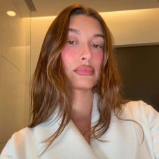 An image of Hailey Bieber wearing nude lip liner.