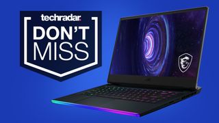 MSI GE66 Raider on a blue background beside a large TechRadar 'Don't Miss' deals badge.