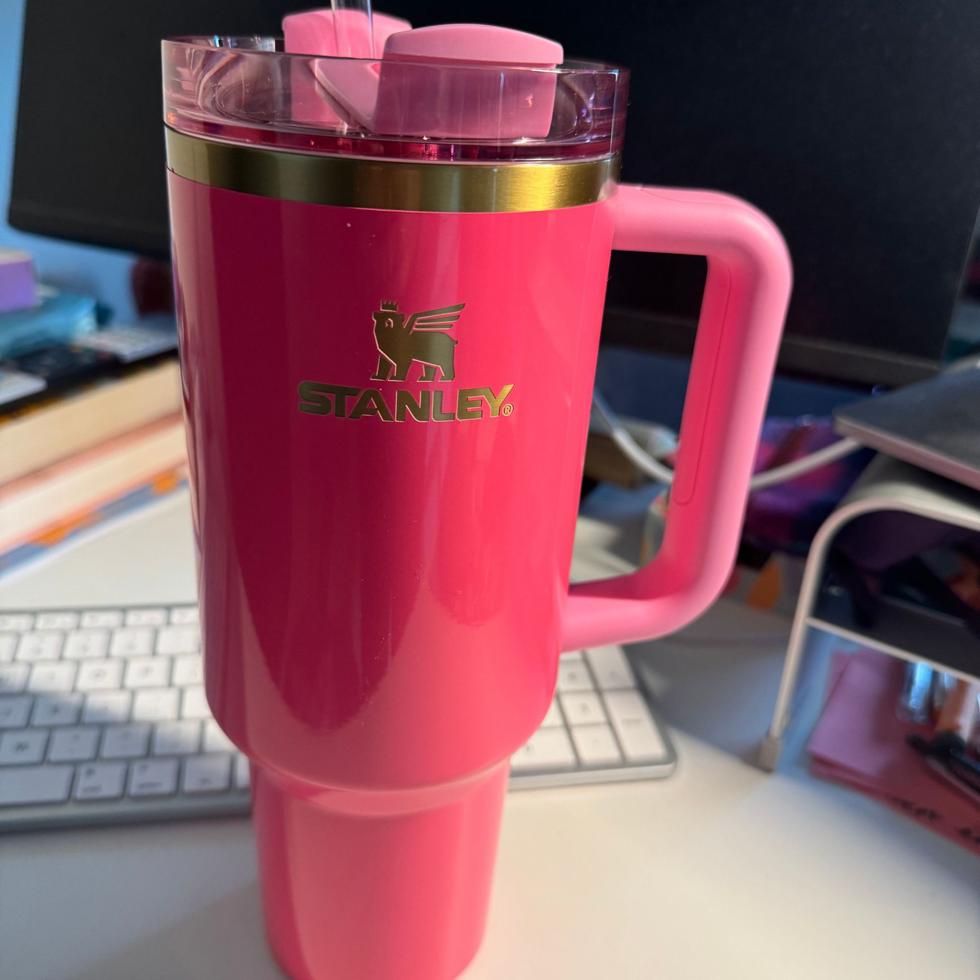 A real-life shot of writer Heidi Scrimgeour's Stanley Quencher tumbler pictured on her desk