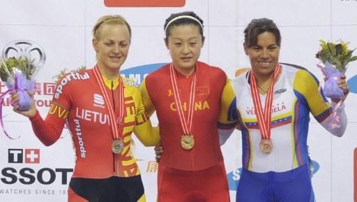 Women's keirin podium (l-r): Simona Krupeckaite (Lithuania), Shuang Guo (People's Republic of China) and Daniela Larreal (Venezuela)