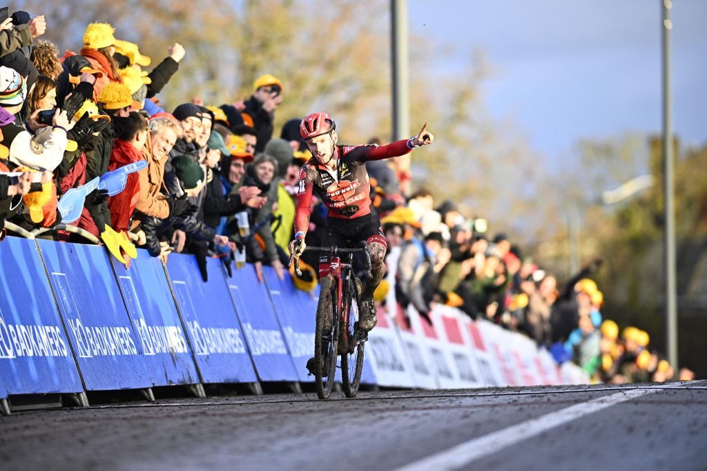 Belgian Eli Iserbyt celebrates as he crosses the finish line to win the men elite race at the Urban Cross Kortrijk cyclocross cycling event on Saturday 25 November 2023 in Kortrijk the second stage in the X2O Badkamers Trofee Veldrijden competitionBELGA PHOTO JASPER JACOBS Photo by JASPER JACOBS BELGA MAG Belga via AFP Photo by JASPER JACOBSBELGA MAGAFP via Getty Images