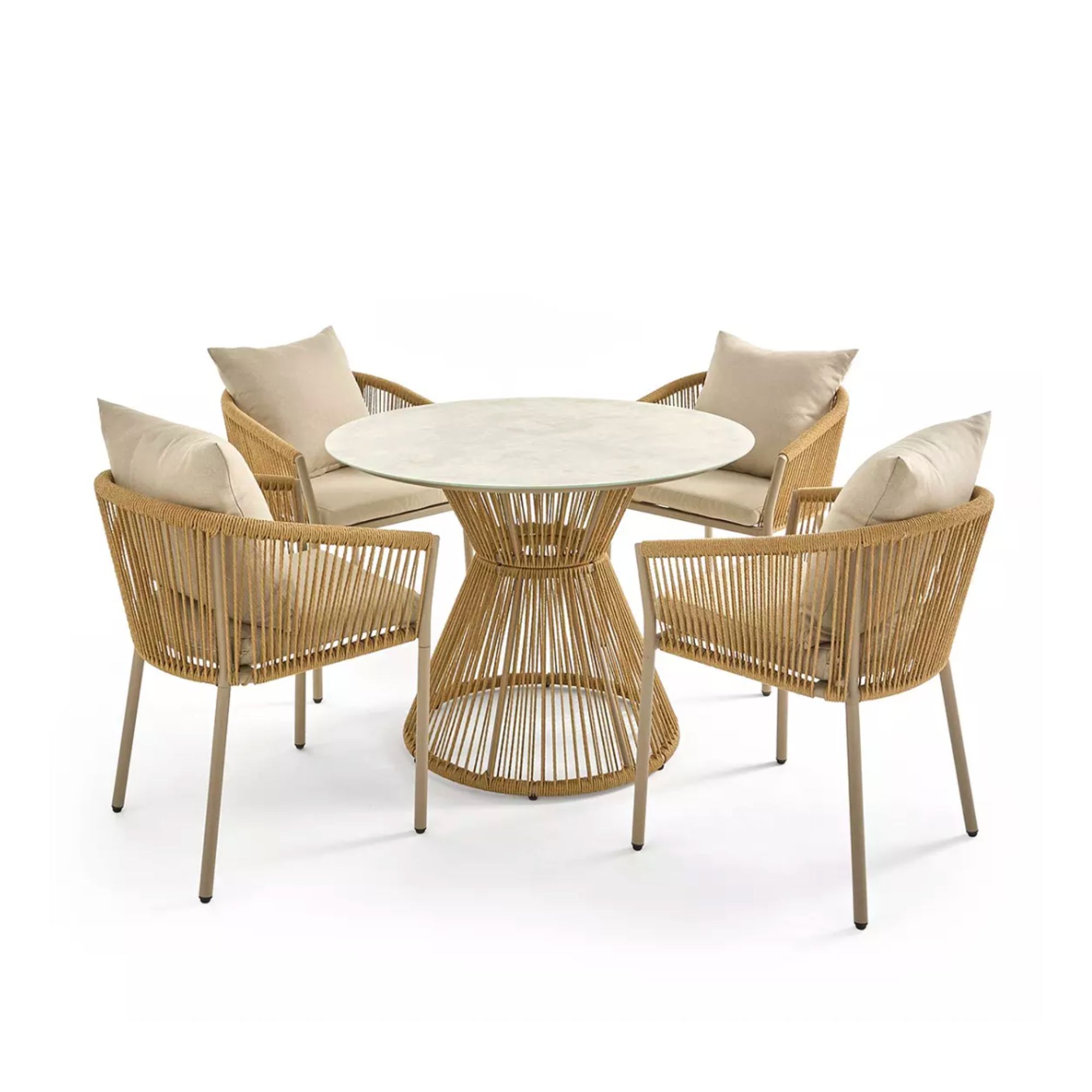 Columbia 4 Seater Dining Set with beige cushions and faux marble top