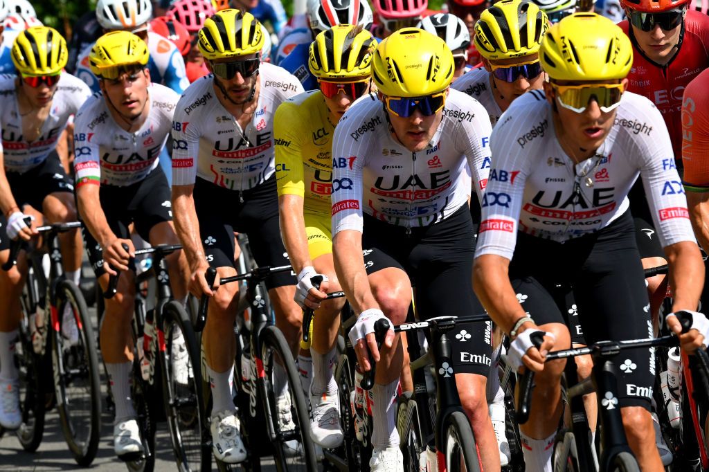 VILLENEUVESURLOT FRANCE JULY 11 LR Adam Yates of The United Kingdom Tadej Pogacar of Slovenia Yellow Leader Jersey and Pavel Sivakov of France and UAE Team Emirates compete during the 111th Tour de France 2024 Stage 12 a 2036km stage from Aurillac to VilleneuvesurLot UCIWT on July 11 2024 in VilleneuvesurLot France Photo by Dario BelingheriGetty Images