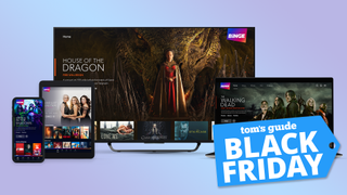 Binge logo on device screens of phone, tablet, TV and laptop, partially cover by Tom's Guide Black Friday blue badge on bottom right corner