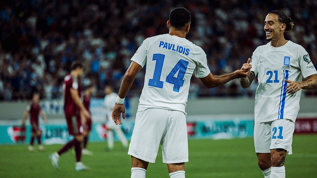 Vangelis Pavlidis and Kostas Tsimikas are seen during the match between Greece and Belarus during the European Qualifiers for the World Cup 2026 in Athens, Greece, on September 5, 2025.