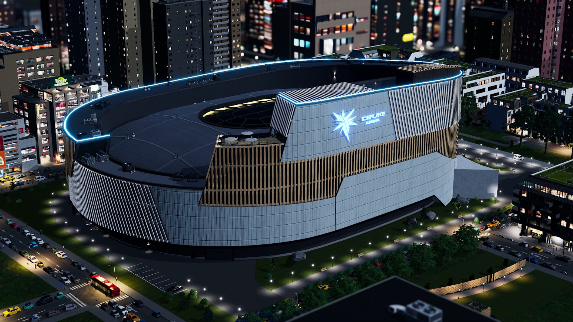 Cities: Skylines 2 Anniversary Patch screenshot showing the Iceflake Arena