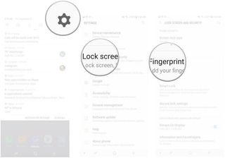 Tap the gear icon to open Settings, tap Lock screen and security, Tap Fingerprint Scanner.