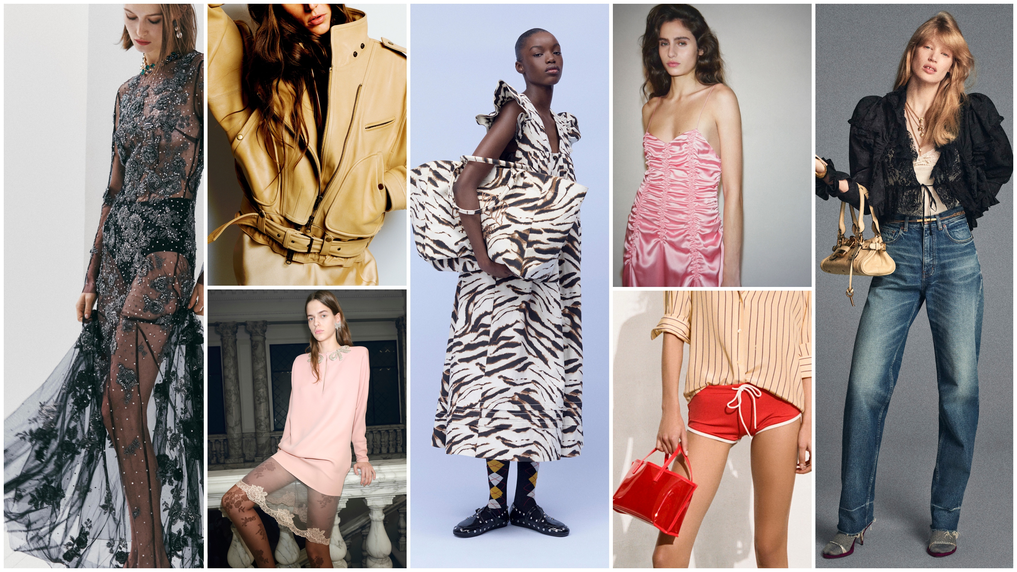 carolina herrera lace dress, marant funnel neck jacket, valentino pink dress, ganni zebra dress, khaite pink dress, staud red shorts, chloe black jacket and jeans 
