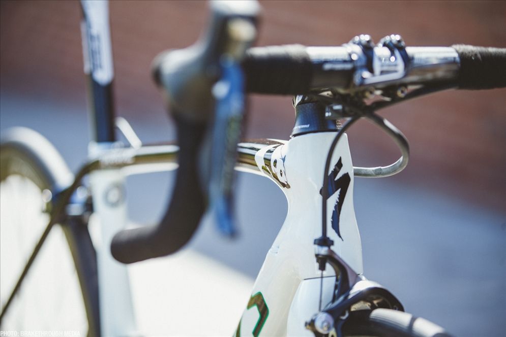 Dan Martin's Emerald Panda Tarmac with panda riding on the top tube