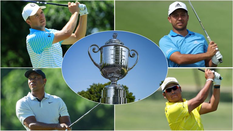 PGA Championship trophy and four golfers pictured in a montage