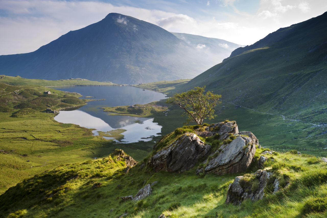 Llyn (Lake) Idwal and the peak of Pen yr Ole Wen in the distance, Snowdonia National Park.