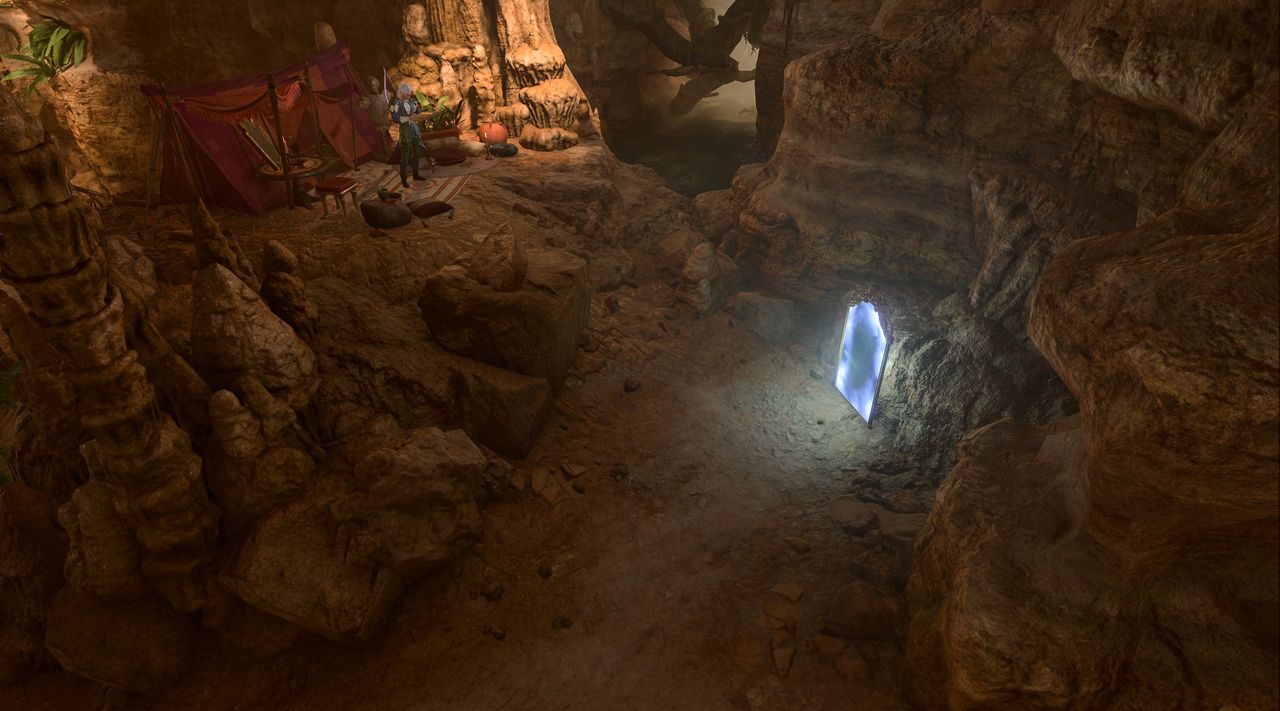 Baldur's Gate 3 sandstone cave camp view