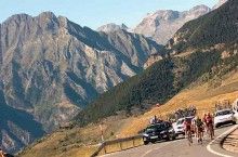 The group that contained Cadel Evans, with the Pyrenees as a backdrop.