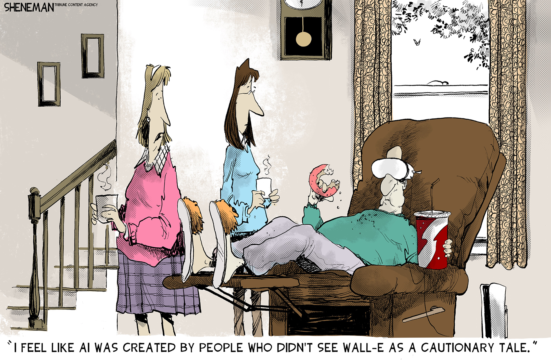 This cartoon depicts a living room scene where a man reclines in an armchair wearing a virtual reality headset. He holds a donut in one hand and a soda cup rests on the armrest. Two women stand nearby. One says, "I FEEL LIKE AI WAS CREATED BY PEOPLE WHO DIDN'T SEE WALL-E AS A CAUTIONARY TALE."