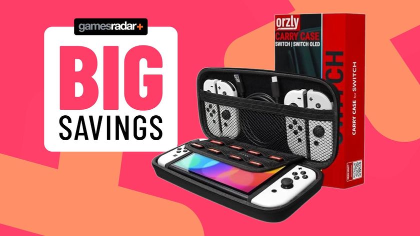 Official product image of the Orzly carrying case for the Nintendo Switch on a pink GameRadar+ background.