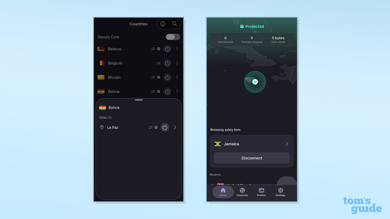 Screenshot of new Proton VPN locations on iOS