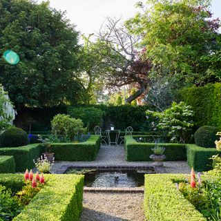 gravel garden with box edged flower beds, pond and seating area