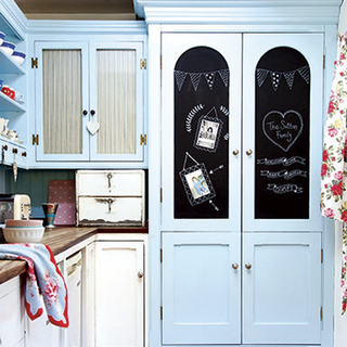 kitchen with blue cupboard and white drawers