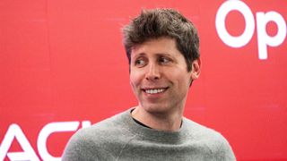 OpenAI CEO Sam Altman on a red background.