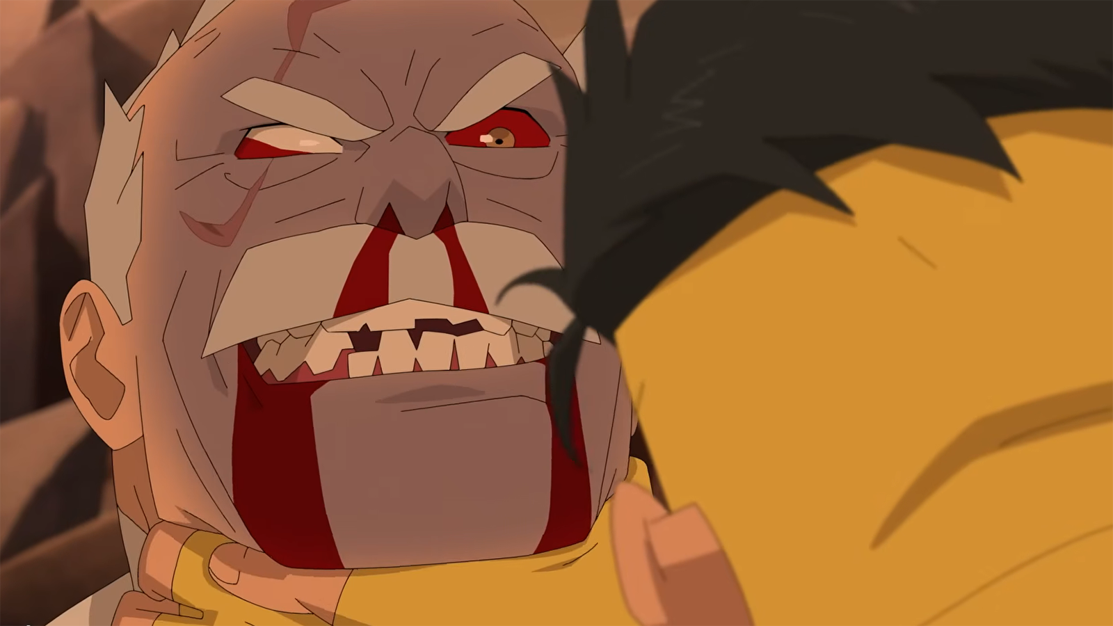 A bloodied Conquest being strangled to death by Mark Grayson in Invincible season 4 episode 5