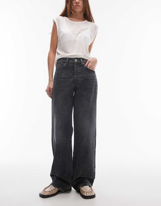 Topshop Mid Rise Column Jeans in Washed Black