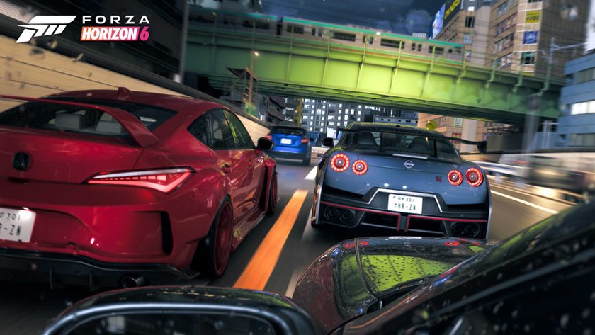 A promo shot of Forza Horizon 6 showing racing on the streets of Tokyo. 