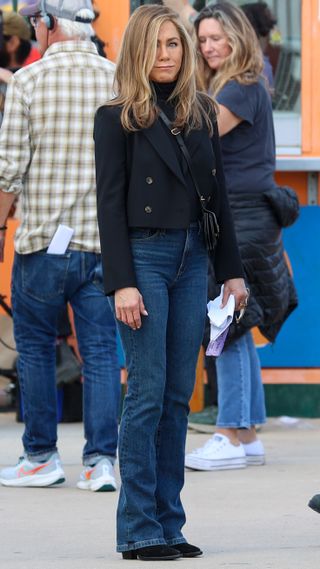 Jennifer Aniston is seen on the set of "The Morning Show" in Coney Island