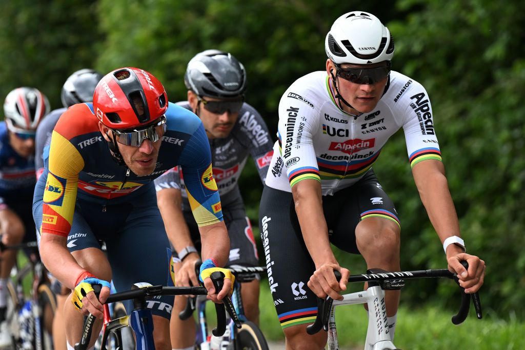 SAINT VULBAS FRANCE JULY 03 LR Tim Declercq of Belgium and Team Lidl Trek and Mathieu van der Poel of Netherlands and Team Alpecin Deceuninck compete during the 111th Tour de France 2024 Stage 5 a 1774km stage from SaintJeandeMaurienne to Saint Vulbas UCIWT on July 03 2024 in Saint Vulbas France Photo by Tim de WaeleGetty Images