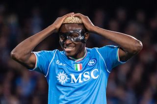 Napoli striker Victor Osimhen reacts during his side's Champions League clash against Braga in December 2023.