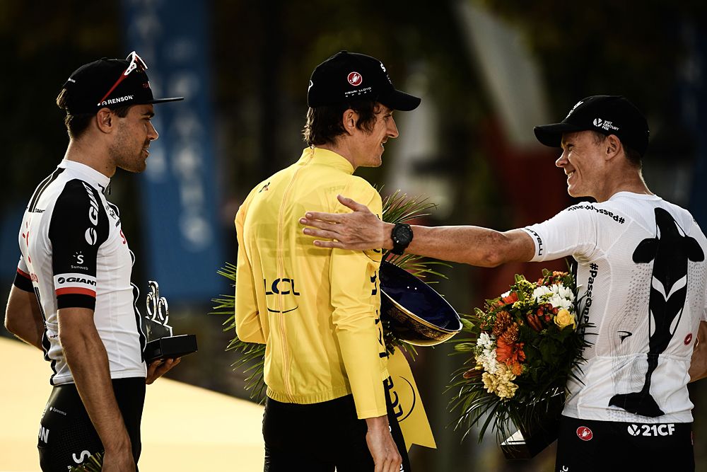 Geraint Thomas (Team Sky) on the final podium at the Tour de France