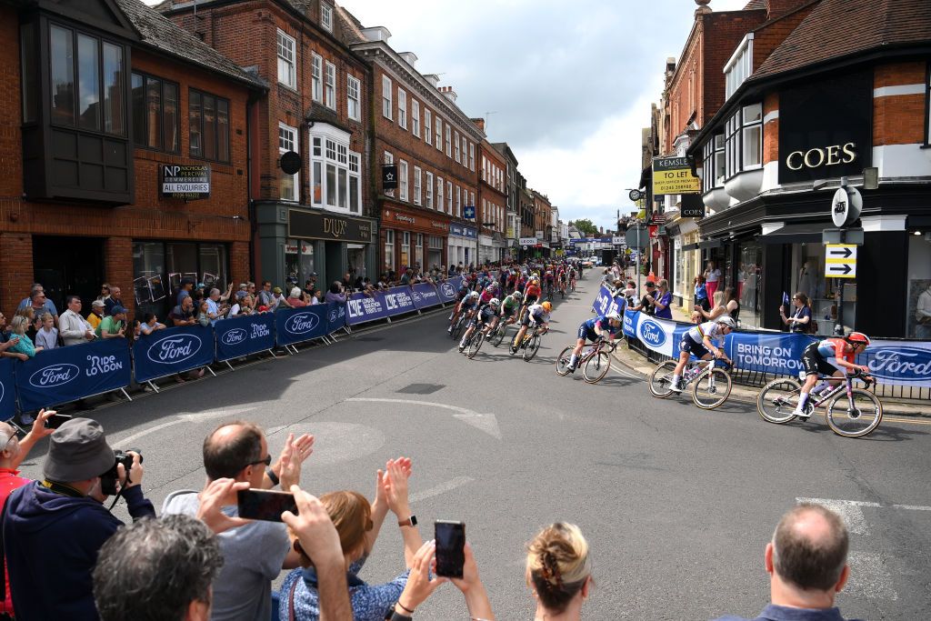 MALDON ENGLAND MAY 25 A general view of Anniina Ahtosalo of Finland and Team UnoX Mobility Lorena Wiebes of The Netherlands Blue Leader Jersey Lotte Kopecky of Belgium Christine Majerus of Luxembourg and Team SD WorxProtime and the peloton passing through a Maldon village during the 10th Ford RideLondon Classique 2024 Stage 2 a 1426km stage from Saffron Maldon to Maldon UCIWWT on May 25 2024 in Maldon England Photo by Alex BroadwayGetty Images