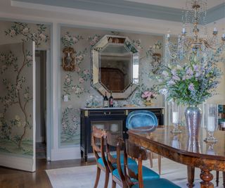 Robin Gannon dining room with Gracie Chinoiserie wallpaper and a jib door, photograph Michael J Lee