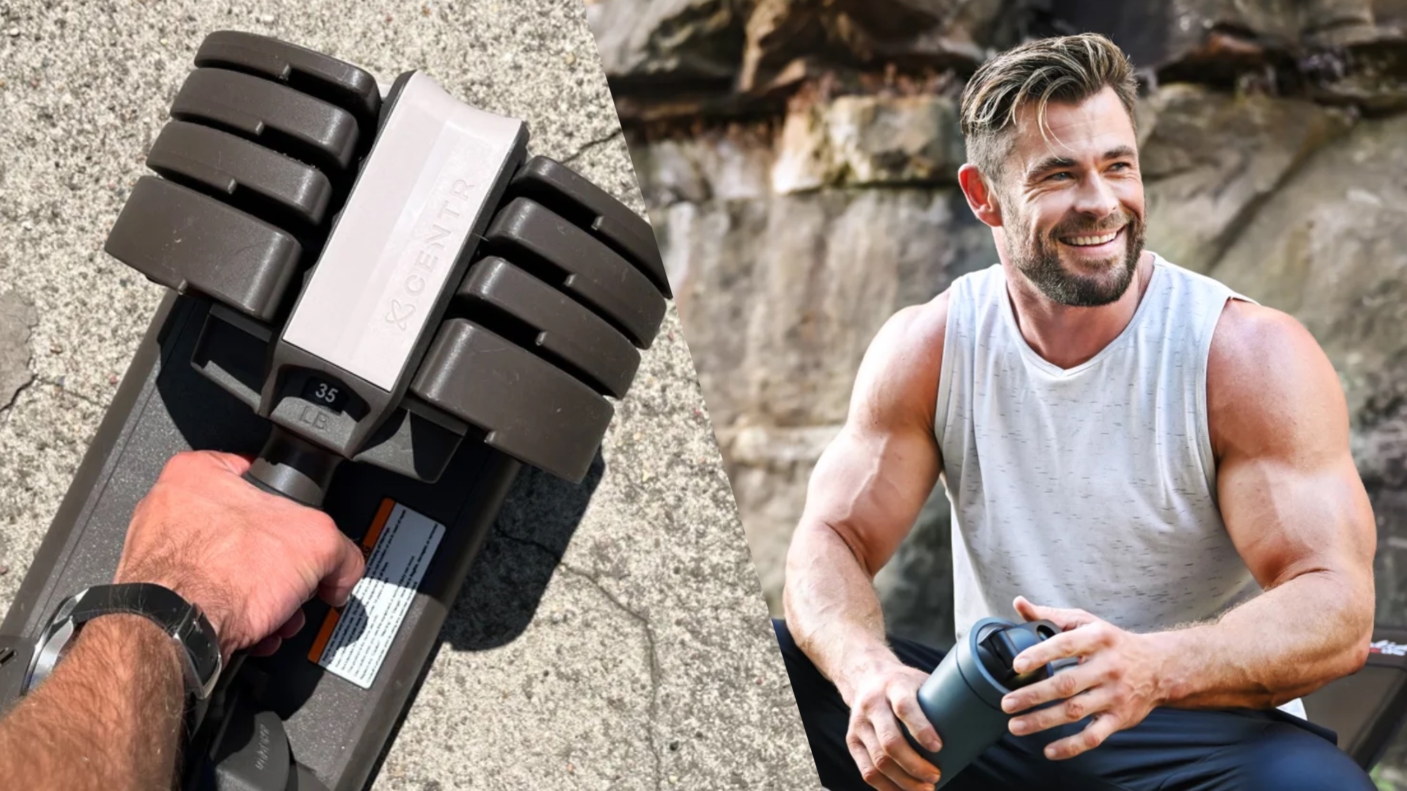 Split image showing a man about to pick up the Centr Smart Stack adjustable dumbbells and image of Chris Hemsworth after working out