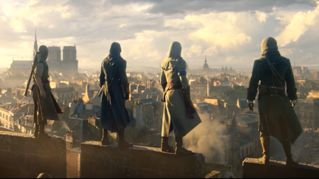 Four assassin's standing on a rooftop with their backs to the camera