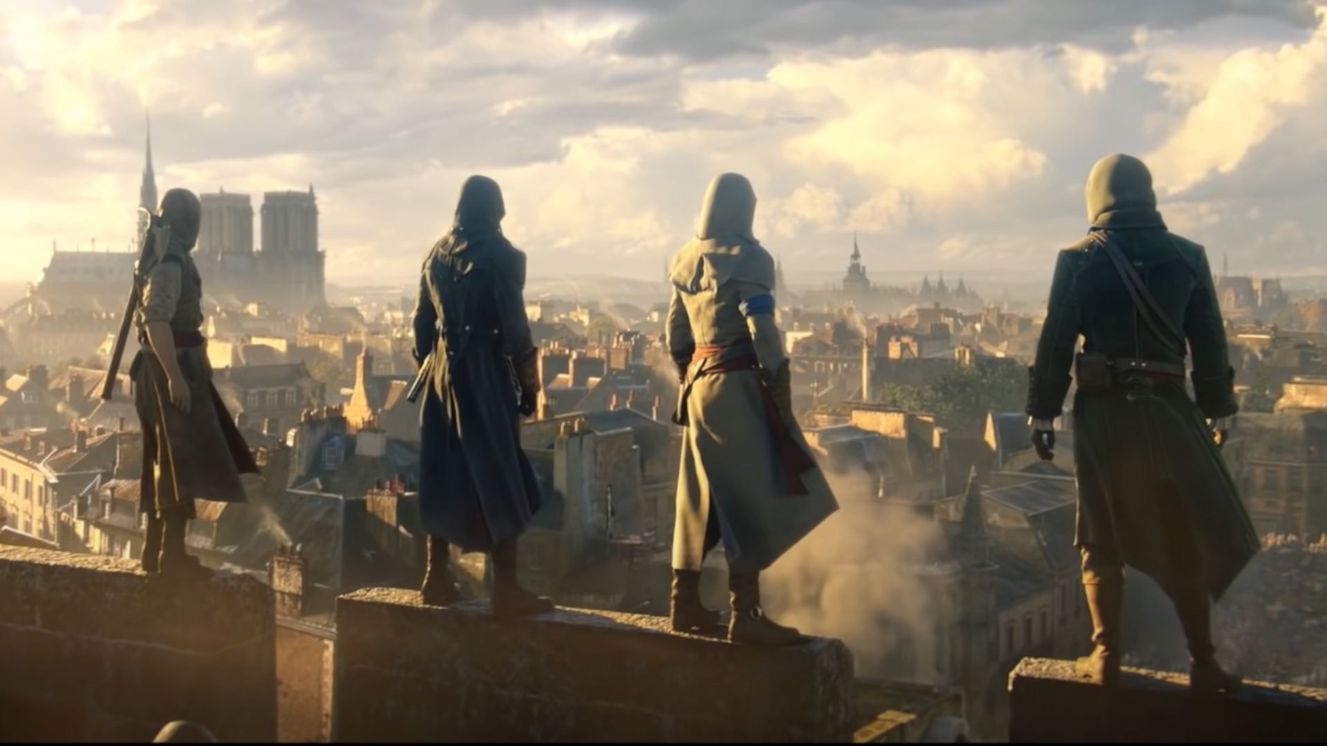 Four assassins standing on a rooftop with their backs to the camera