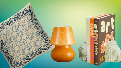 pillow, lamp and bookends with books