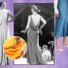 A Future graphic of vintage photos of women wearing bias cut dresses, a blue bias cut skirt, and someone cutting orange fabric.