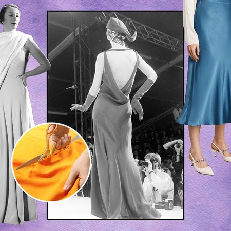 A Future graphic of vintage photos of women wearing bias cut dresses, a blue bias cut skirt, and someone cutting orange fabric.