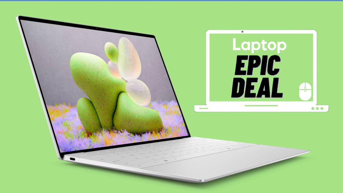 silver Dell XPS 13 OLED laptop against light green background