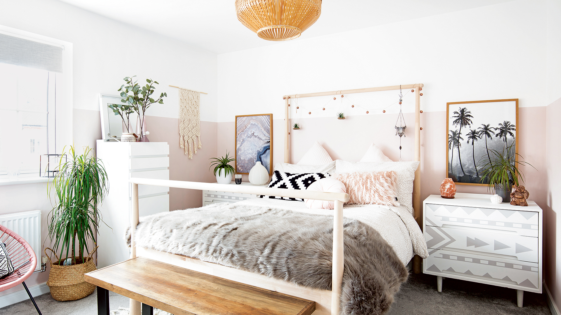 Boho bedroom with macrame wall hanging