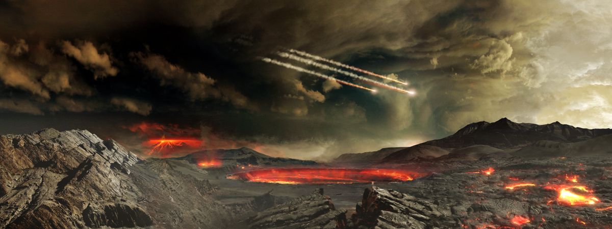 An artist&#039;s depiction of meteorites falling to the surface of early Earth.