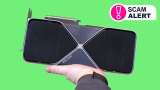 A hand holding an Nvidia RTX 5080 graphic card on a green background