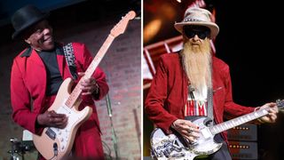 Buddy Guy [left] smiles as he takes a solo on his Fender Stratocaster. He wears a red jacket and black hat. Billy Gibbons [right] wears shades, a wide-brimmed hat and a red blazer as he plays his custom SG-style electric with the V-style headstock.